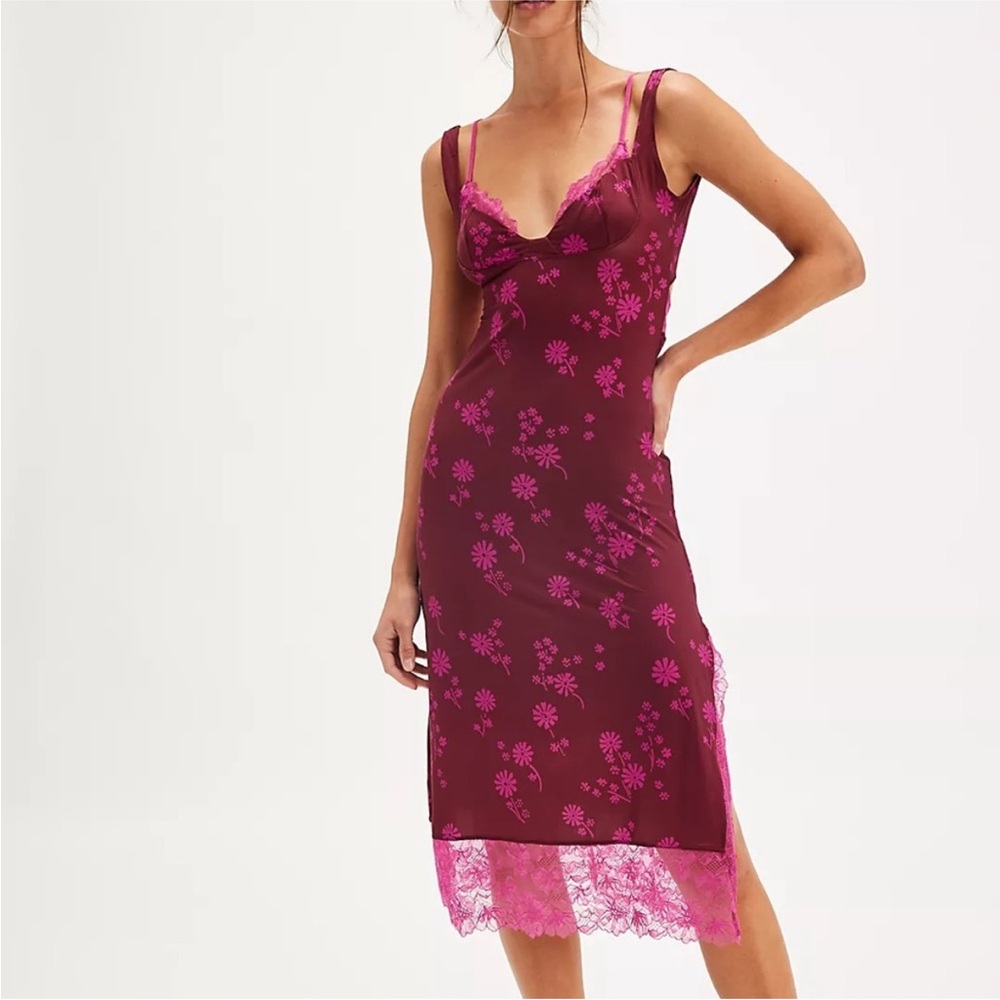 Free People Burgundy Floral Chemise with Pink Lace